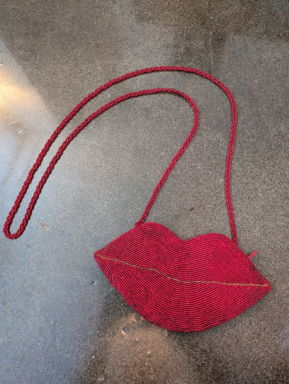 Red Lip-Shaped Beaded Bag